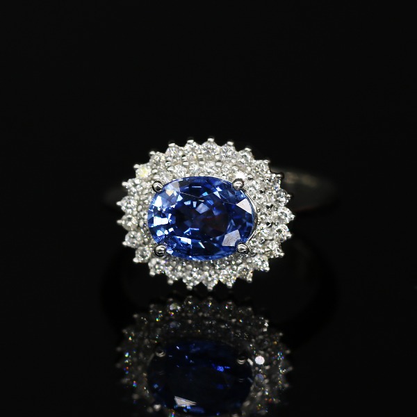 실론 블루 사파이어 2캐럿 더블헤일로 다이아몬드 반지 18k